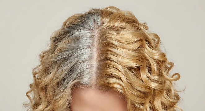Woman showing gray roots growing out from blonde curly hair demonstrating natural aging process and hair color maintenance needs for beauty salon services.