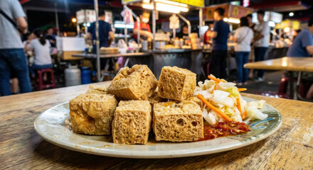 Delicious fried stinky tofu served with pickled cabbage and chili sauce at a night market
