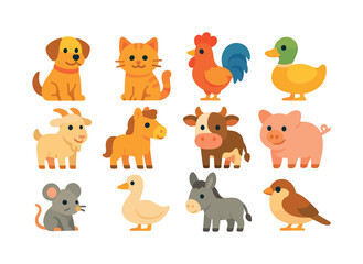 Obraz premium Barnyard Animal Icons. Barnyard Companions. Colorful flat vector icons set of Barnyard Companions: barn dog, barn cat, rooster buddy, duck friend, goat pal,