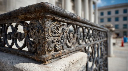 Court railing stone coping edge profile illustrating safety design, material finishing, courthouse circulation elements, and judicial architectural craftsmanship