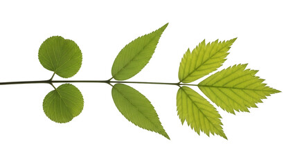Fototapeta premium Side view of brown stem with five green leaves, isolated on transparent background, displayed neatly