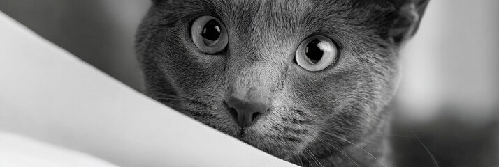 Close-up of curious gray cat with intense eyes in black and white