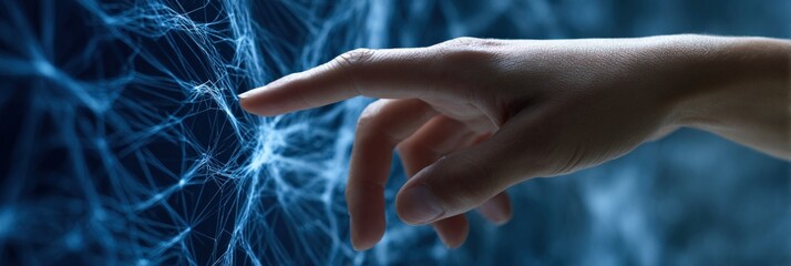 Human interaction with digital network: hand touching blue web of connections