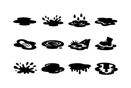 Mud Puddles Icon Set. Mud Puddles. Solid icon set of Mud Puddles: shallow mud puddle, splashed puddle, rain mud pool, muddy water, puddle footprint, puddle