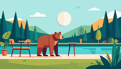 A stylized bear stands by a calm lake with mountains and trees in the background © outlet