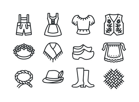 European Folk Attire Icons. European folk attire. Line icon set of European folk attire: lederhosen, dirndl dress, folk blouse, embroidered vest, flower crown,