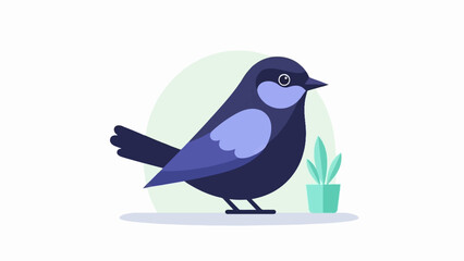 Obraz premium A stylized bird stands beside a small potted plant, against a pale green circular backdrop