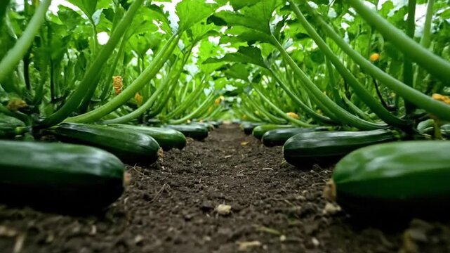 A close-up view of green zucchinis growing in a garden bed, surrounded by lush foliage and rich soil.