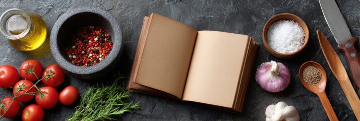Culinary ingredients and recipe book on rustic dark stone surface