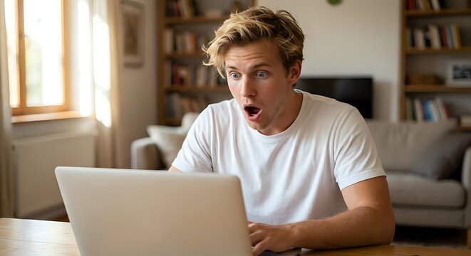 Young Caucasian man with surprised expression looking at laptop screen in modern home office. Shocked male working from home reacting to unexpected news online.