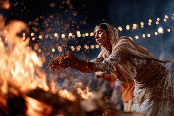 Woman in traditional attire offering grains into a Lohri fire