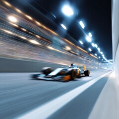 Sleek formula racing car speeding on illuminated night track