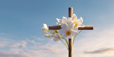 Wooden cross with white lilies against blue sky at sunrise