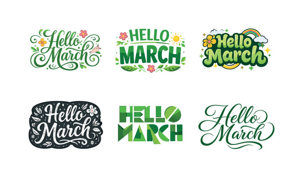 March Lettering Variations. Hello March. Set lettering. harmonious lettering variations of the same emblematic concept, each with different artistic