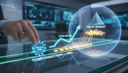 Retirement planning concept with compound interest growth and extra inflow from side income visualized futuristic digital interface for financial