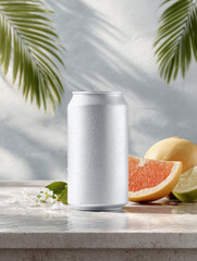 Blank pomelo soda can with citrus fruits and tropical leaves on marble surface