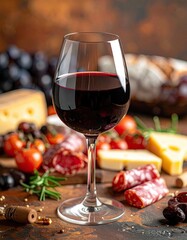 A beautifully arranged setting featuring a glass of red wine surrounded by cheese, cured meats, and fresh grapes.
