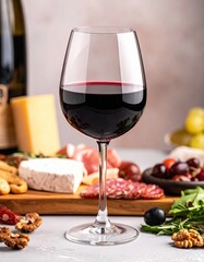 A beautifully arranged wine glass filled with red wine, surrounded by various cheeses and snacks, creating an inviting ambiance.