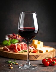 A glass of red wine elegantly displayed with assorted cheese and fresh ingredients on a rustic surface.