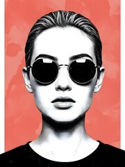 Monochrome Woman with Round Sunglasses on Red Background Illustration