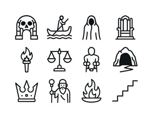 Underworld Myth Icons. Underworld myths. Line icon set of Underworld myths: skull gate, river ferry, shadow figure, underworld throne, torch icon, judgment