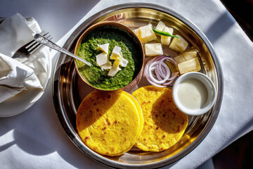 Traditional Indian thali: sarson ka saag, two makki di roti, jaggery cubes, sliced onions, green chili, and a small bowl of homemade white butter