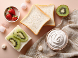 Japanese fruit sando preparation with slices of bread with kiwi, strawberries, and whipped cream on pastel background