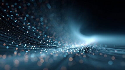 Fiber optic cables forming an abstract network with glowing light particles, representing digital data transmission and global communication technology
