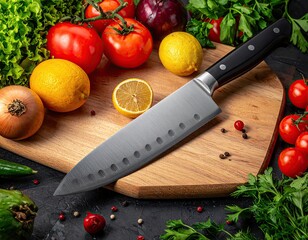 A vibrant collection of fresh vegetables and herbs, featuring a sharp kitchen knife on a wooden cutting board.