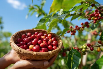 Harvesting ripe coffee cherries in sunlit plantation