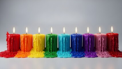 Row of Nine Melting Rainbow Wax Candles with Flames on White Background