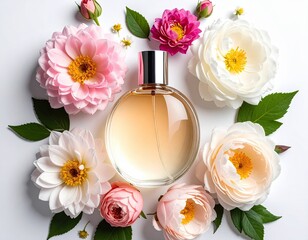 A beautifully arranged perfume bottle surrounded by fresh roses and delicate flowers, symbolizing elegance and femininity.