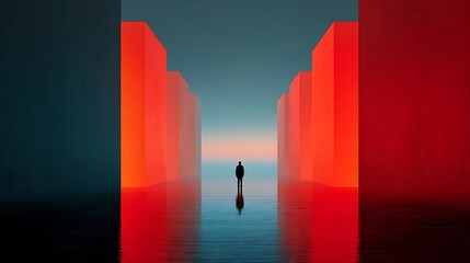 Solitary Figure in a Surreal Landscape with Red Structures and Tranquil Water Reflections at Dusk