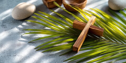Wooden cross on palm leaves with pebbles for religious reflection