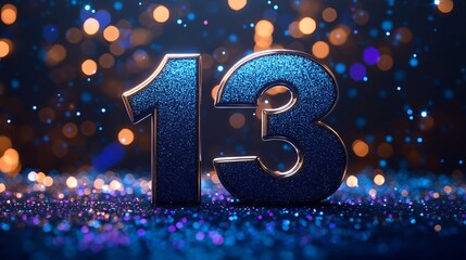 Bright silver number 13 on turquoise with blurred background of vibrant purple and blue sparkles