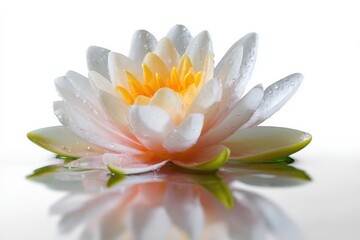 Fototapeta premium Serene white lotus bloom with reflection and water droplets