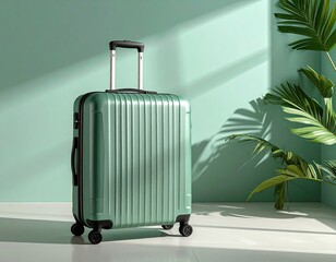 A stylish green suitcase stands against a mint background, surrounded by lush palm leaves, perfect for adventurous journeys.