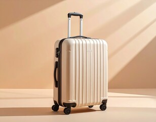 A sleek, modern suitcase stands stylishly against a warm, minimalistic background, perfect for travel and adventure.