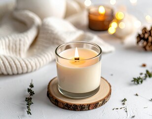 A serene candle on a wooden coaster surrounded by soft textiles, creating a cozy atmosphere perfect for relaxation.