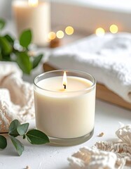 A serene scene featuring a lit candle surrounded by greenery and soft textiles, creating a calming atmosphere for relaxation.