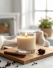 A warm candle illuminates a cozy scene, surrounded by natural decor, creating a serene and inviting atmosphere.