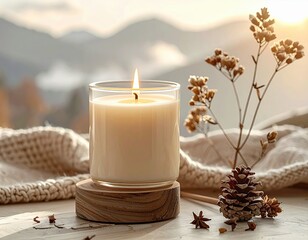 A serene candle on a wooden holder, surrounded by nature-inspired decor, offering a tranquil ambiance and cozy atmosphere.