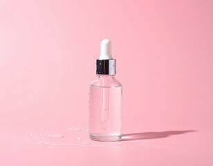 A close-up of a glass dropper bottle filled with clear liquid, set against a soft pink background, ideal for beauty and skincare themes.