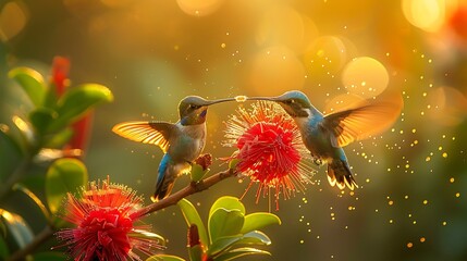 Two Colorful Hummingbirds Interacting Over Vibrant Red Flower with Sunlight and Sparkling Background in Nature Scene