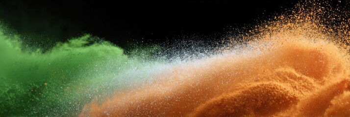 Colorful explosion of green white and orange powder against black background