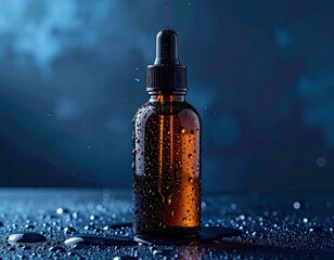 A brown glass dropper bottle on a wet surface, reflecting light with water droplets, evoking a sense of freshness and purity.