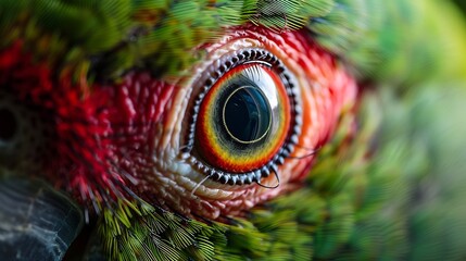 Close-Up of Colorful Bird Eye with Intricate Details Showcasing Vibrant Feathers and Textures in Nature