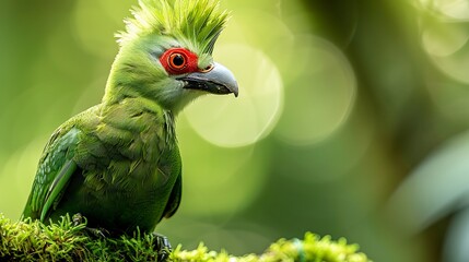 Vibrant green bird with striking red eye perched on mossy branch surrounded by soft bokeh background in nature setting