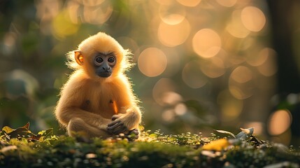 Adorable young monkey with golden fur sitting peacefully in a sunlit forest, surrounded by natural bokeh background