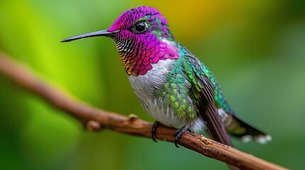 Vibrant Hummingbird Perched on Branch with Colorful Plumage Against Soft Green Background in Nature's Beauty